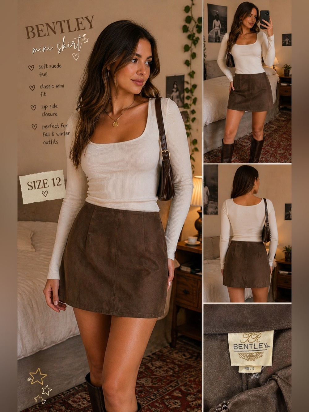 Vintage Style Brown Faux Leather Mini Skirt Size 12 Y2K 90s Minimalist